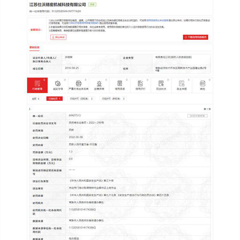 江苏仕沃精密机械科技有限公司未经专门培训取得特种作业操作证上岗作业被罚