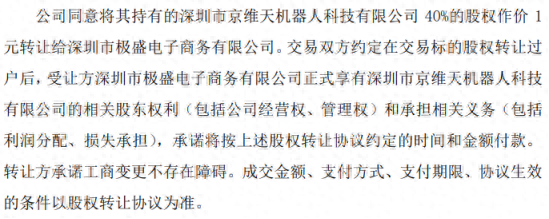 京弘全将其持有的深圳市京维天机器人科技有限公司40%的股权作价1元转让给深圳市极盛电子商务有限公司